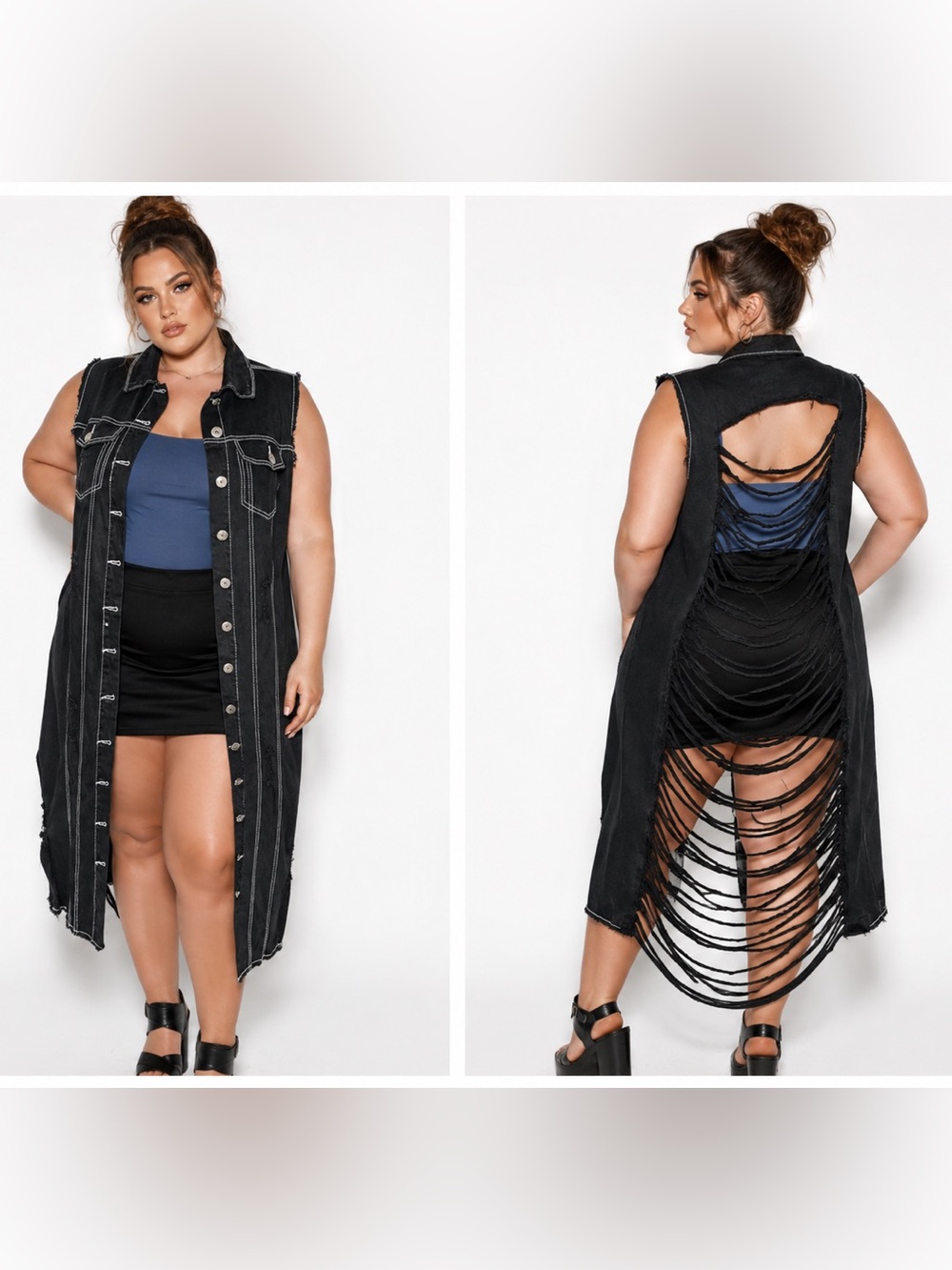 Ashley Stewart Jeans Duster Vest 14/16 Black Distressed Denim Button Down